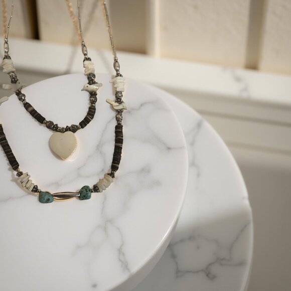 AUTHENTIC 1973 HEISHI/MOTHER OF PEARL AND TURQUOISE W LIQUID SILVER BEAD 2STRNDS - Picture 1 of 6